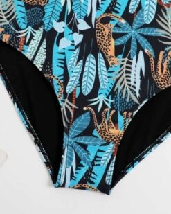 Badeanzug Mit Pareo Safari Leo 11 Badeanzug Mit Pareo Safari Leo -Herz Schmuck Geschaft Badeanzug Badekleid Damen Swimsuit Bademode Fashion Set Pareo Wickelrock Strand Sommer Elegant Chic Leopard Muster Pflanzen blau braun Safari Leo 1