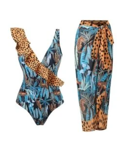 Badeanzug Mit Pareo Safari Leo 13 Badeanzug Mit Pareo Safari Leo -Herz Schmuck Geschaft Badeanzug Badekleid Damen Swimsuit Bademode Fashion Set Pareo Wickelrock Strand Sommer Elegant Chic Leopard Muster Pflanzen blau braun Safari Leo 3
