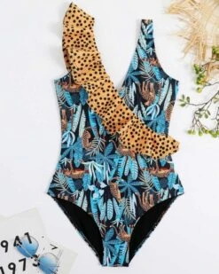 Badeanzug Mit Pareo Safari Leo 12 Badeanzug Mit Pareo Safari Leo -Herz Schmuck Geschaft Badeanzug Badekleid Damen Swimsuit Bademode Fashion Set Pareo Wickelrock Strand Sommer Elegant Chic Leopard Muster Pflanzen blau braun Safari Leo 5