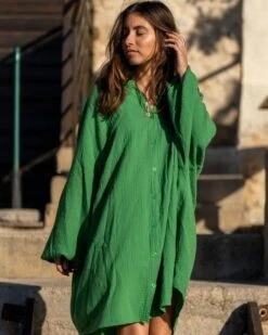 Grüne Oversize Baumwolle Bluse Karma -Herz Schmuck Geschaft Baumwolle Bluse Gauze Cotton Oversize Blusenkleid Locker Weich JustStyle Aufschrift See You Karma gruen knallgruen frisch 6