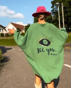 Grüne Oversize Baumwolle Bluse Karma -Herz Schmuck Geschaft Baumwolle Bluse Gauze Cotton Oversize Blusenkleid Locker Weich JustStyle Aufschrift See You Karma gruen knallgruen frisch Cindy 5