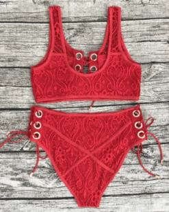 Bikini La Savina -Herz Schmuck Geschaft Bikini Bademode Damen High Waisted Spitzen Lace rot Savina 5 395405