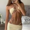 Dreiteiler Bikini Set Suave -Herz Schmuck Geschaft Bikini Bademode Dreiteiler Set Rock Damen High Waist Badehose Bandeau Neckholder String Tanga Brazilian Samt Velvet beige creme weiss Suave 5 160275