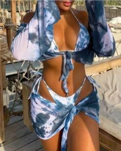 Batik Bikini Set Sorella -Herz Schmuck Geschaft Bikini Set Bademode Batik Tie Dye Vierteiler Mesh Wickelrock Fledermaus Shirt Crop Top Triangel Tanga Bademose Sorella blau weiss 3 355813