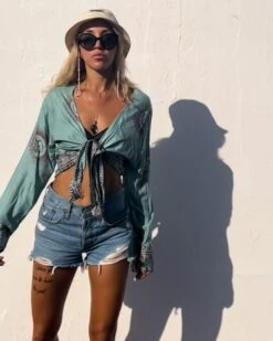 Om Wickelbluse Prajna -Herz Schmuck Geschaft Bluse Shirt Wickelbluse Wickelshirt langarm Hippie Boho Fashion Bohemian Goa India Indien Om tuerkis gruen rot Prajna 13