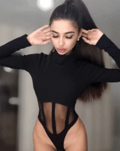 Bodysuit Mesh Anabella -Herz Schmuck Geschaft Bodysuit Body Overall langarm Body Damen Mesh Kragen Rollkragen Knitted Rillen Transparenter Teil Anabella schwarz 1 411199