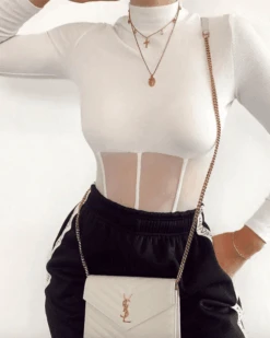 Bodysuit Mesh Anabella -Herz Schmuck Geschaft Bodysuit Body Overall langarm Body Damen Mesh Kragen Rollkragen Knitted Rillen Transparenter Teil Anabella weiss 2 861400