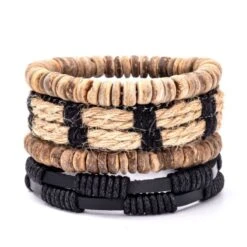Herren Boho Armband Set Asher -Herz Schmuck Geschaft Boho Herren Armband Set Maenner Armbaender Modeschmuck Schmuck Schweiz Kunstleder Holzperlen beige braun Asher schwarz beige 1