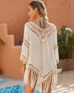 Boho Hippie Bluse Ibiza -Herz Schmuck Geschaft Boho Hippie Ibiza Bluse Damen Cardigan Fransen asymmetrischer Kimono beige creme Ibiza 3 695920
