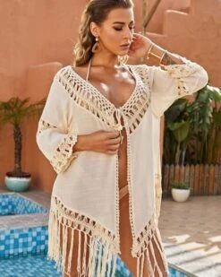 Boho Hippie Bluse Ibiza -Herz Schmuck Geschaft Boho Hippie Ibiza Bluse Damen Cardigan Fransen asymmetrischer Kimono beige creme Ibiza 4 411610