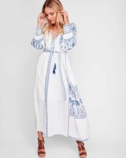 Boho Kleid St. Gertrudis -Herz Schmuck Geschaft Boho Maxikleid Damen Kleid lang Baumwolle High Quality Fashion Sitckereien Hippie St.Gertrudis weiss blau 3