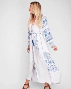 Boho Kleid St. Gertrudis -Herz Schmuck Geschaft Boho Maxikleid Damen Kleid lang Baumwolle High Quality Fashion Sitckereien Hippie St.Gertrudis weiss blau 4