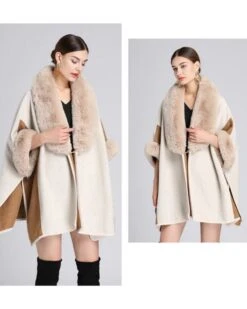 Winter Cape Engadin -Herz Schmuck Geschaft Cape Damen Ponchos Capes Jacke Kragen Kunstfell Herbst Winter Bekleidung Schweiz Fashion JustStyle Engadin beige 1