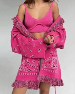 Strickjacke Damen Pink Paisley -Herz Schmuck Geschaft Cardigan Strickjacken Damen Halblang Fransen Paisley Muster Stoffgurt Boho Hippie Fashion JustStyle Rosa Pink Paisley 1 485243