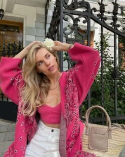 Strickjacke Damen Pink Paisley -Herz Schmuck Geschaft Cardigan Strickjacken Damen Halblang Fransen Paisley Muster Stoffgurt Boho Hippie Fashion JustStyle Rosa Pink Paisley Frau 2 426956