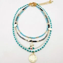 Halsketten Choker Set Starfish Love -Herz Schmuck Geschaft Choker Halsketten Set Perlenkette Farbig Boho Modeschmuck Style Beach Starfish Love blau gold 2 235892