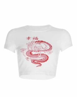Crop T-Shirt Dragon 11 Crop T-Shirt Dragon -Herz Schmuck Geschaft Cropt Tshirt Bauchfrei Drachen japan Print Dragon weiss rot 3 668731