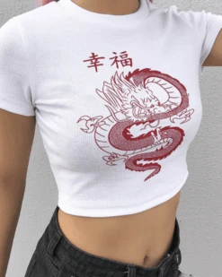 Crop T-Shirt Dragon 10 Crop T-Shirt Dragon -Herz Schmuck Geschaft Cropt Tshirt Bauchfrei Drachen japan Print Dragon weiss rot 5 785210