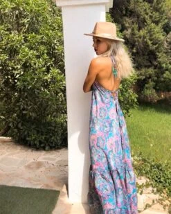 Langes Kleid Asha -Herz Schmuck Geschaft Damen Sommerkleid Kleid Hippie Boho India Indische Kleider Paisley Blumen Muster Viskose hellblau rosa Asha 1