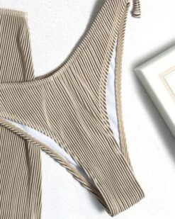 Bikini Set Mit Rock Mariella -Herz Schmuck Geschaft Dreiteiler Bikini Set Bademode Damen Triangel High Waist Badehose Rock Streifen Stoff Rippstoff Mariella beige khaki 1