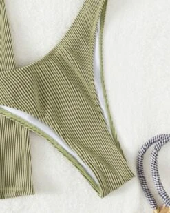 Bikini Set Mit Rock Mariella -Herz Schmuck Geschaft Dreiteiler Bikini Set Bademode Damen Triangel High Waist Badehose Rock Streifen Stoff Rippstoff Mariella gruen 1