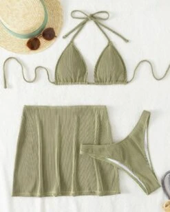 Bikini Set Mit Rock Mariella -Herz Schmuck Geschaft Dreiteiler Bikini Set Bademode Damen Triangel High Waist Badehose Rock Streifen Stoff Rippstoff Mariella gruen 3