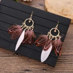 Feder Ohrringe Runa -Herz Schmuck Geschaft Federohrringe Ohrringe Damen Modeschmuck Accessoires Boho Hippie Schmuck Damen Runa gold weiss braun 1