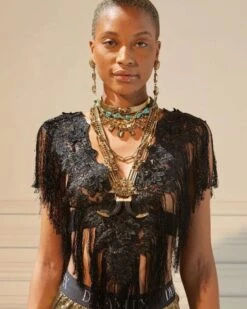 Fransen Boho Top Amy -Herz Schmuck Geschaft Fransen Boho Too T Shirt Spitzen V Ausschnitt Hippie Kleidung Festival schwarz Amy 1