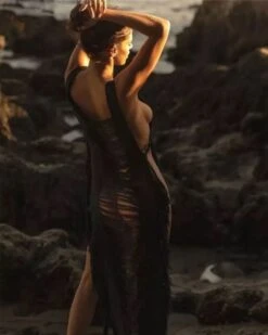 Fransen Knitted Kleid Tulumnia -Herz Schmuck Geschaft Fransen Kleid langes Maxikleid Knitted Strick Boho Festival Tulum Style Hippie Damen Kleid Tulumnia schwarz 1