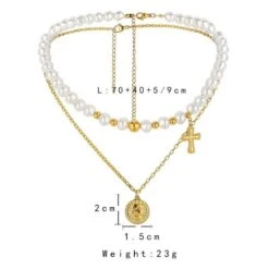Halsketten Set La Maria -Herz Schmuck Geschaft Halsketten Set Choker Perlenkette Kreuz Anhanger Coin Muenze Believe La Maria weiss gold 1 849262