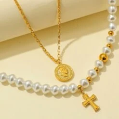 Halsketten Set La Maria -Herz Schmuck Geschaft Halsketten Set Choker Perlenkette Kreuz Anhanger Coin Muenze Believe La Maria weiss gold 4 686613