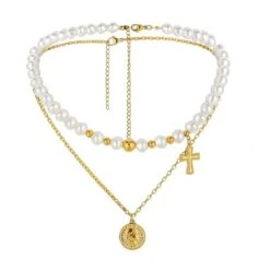 Halsketten Set La Maria -Herz Schmuck Geschaft Halsketten Set Choker Perlenkette Kreuz Anhanger Coin Muenze Believe La Maria weiss gold 6 287984