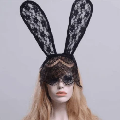 Hasenohren Maske Lace Flowers -Herz Schmuck Geschaft Hasenohren Bunny Maske Damen Fetisch Party Schwarze Spitzen Hasenohren Maske Blumen Muster Lace Spitzen 4 730785