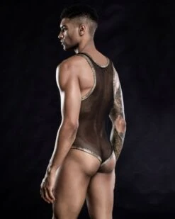 Herren Fetisch Einteiler Brian -Herz Schmuck Geschaft Herren Dessous Unterwaesche Erotik Sexy Bondage Fetisch BDSM Kinky Mesh Bodysuit Einteiler Maenner schwarz gold Brian 4