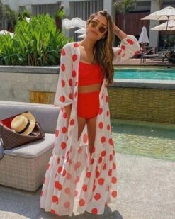 Langer Kimono Red Dots -Herz Schmuck Geschaft Kimono Cardigan Cover Up langes Kimonokleid Kleid Ruffle weiss rote Punkte Polka Style Just Style Schweiz Red Dots 4 888805