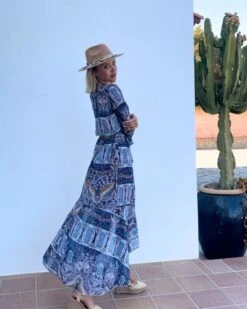 Kleid Amalfi -Herz Schmuck Geschaft Kleid Damen Sommerkleid Wickelkleid langarm Ruffle Boho Hippie Muster langes Kleid Mesh Blumen Paisley Amalfi blau Cindy 3