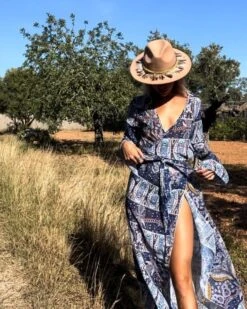 Kleid Amalfi -Herz Schmuck Geschaft Kleid Damen Sommerkleid Wickelkleid langarm Ruffle Boho Hippie Muster langes Kleid Mesh Blumen Paisley Amalfi blau Cindy 6