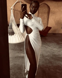 Damen Kleid Maravilla -Herz Schmuck Geschaft Kleid Lang Damen Damenkleider Elegant Sensual Party Dinner Dress Seitlicher Schlitz Maravilla weiss 2 605052