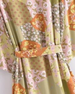 Langer Kimono Retro Flowers -Herz Schmuck Geschaft Langer Kimono Damen Boho Fashion Bekleidung Hippie Festival Style gruen gelb orange Vintage Retro Flowers 1