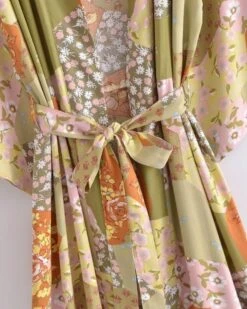 Langer Kimono Retro Flowers -Herz Schmuck Geschaft Langer Kimono Damen Boho Fashion Bekleidung Hippie Festival Style gruen gelb orange Vintage Retro Flowers 6