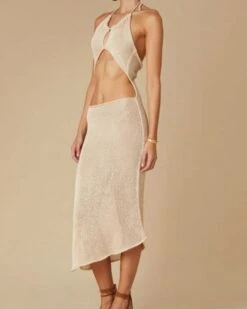 Langes Cut-Out Kleid Zoe -Herz Schmuck Geschaft Langes Kleid Dameb Maxikleid Feinstrick Haekel Sommerkleid Cut Out Bauchfrei beige Zoe 4