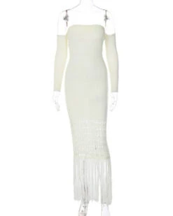 Langes Strickkleid Thea -Herz Schmuck Geschaft Langes Strickkleid Damen Kleid Schulterfrei Cut Outs Fransen Thea weiss 1