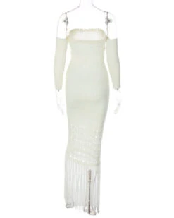 Langes Strickkleid Thea -Herz Schmuck Geschaft Langes Strickkleid Damen Kleid Schulterfrei Cut Outs Fransen Thea weiss 2