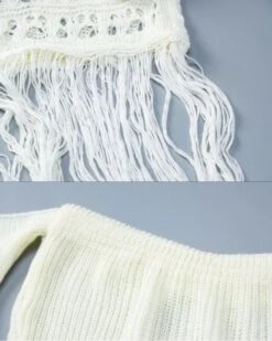 Langes Strickkleid Thea -Herz Schmuck Geschaft Langes Strickkleid Damen Kleid Schulterfrei Cut Outs Fransen Thea weiss 3