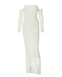 Langes Strickkleid Thea -Herz Schmuck Geschaft Langes Strickkleid Damen Kleid Schulterfrei Cut Outs Fransen Thea weiss 4