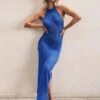 Langes Feinstrick Kleid Josefin -Herz Schmuck Geschaft Langes elegantes Feinstrick Kleid Dameb Maxikleid Bodenlang Schlitz Seiten Neckholder Sommerkleid Josefin blau 1