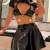 Latex Bra Rock Set Leijla -Herz Schmuck Geschaft Latex Kunstlatex Dessous Lingerie Set Sexy Erotische Bekleidung Fetisch BDSM Reizkleidung Minirock Bra Triangel Ketten Crop Top Kragen Oberteil schwarz gold Leijla 1