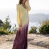 Langes Viskose Kleid Amila -Herz Schmuck Geschaft Maxikleid Langes Viskose Kleid gelb violett Batik Farbverlauf Boho Sommerkleid Damen Kragen Hemdkleid Amila gelb violett 1