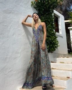 Maxi Paisley Kleid Brahma -Herz Schmuck Geschaft Maxikleid Sommerkleid Kleid Damen bodenlang Boho Hippie India Fashion Style Paisley Blumen Muster blau tuerkis Brahma 2