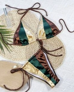 Metallic Bikini Shiny Iris -Herz Schmuck Geschaft Metallic Bikini Triangel Bademode Bikini Set High Waist Brazilian String Shine Streifen braun gruen gold Shiny Iris 3